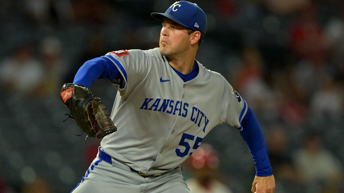 Kansas City Royals starting pitcher Cole Ragans (55) delivers during the first inning against the Los Angeles Angels at Angel Stadium.