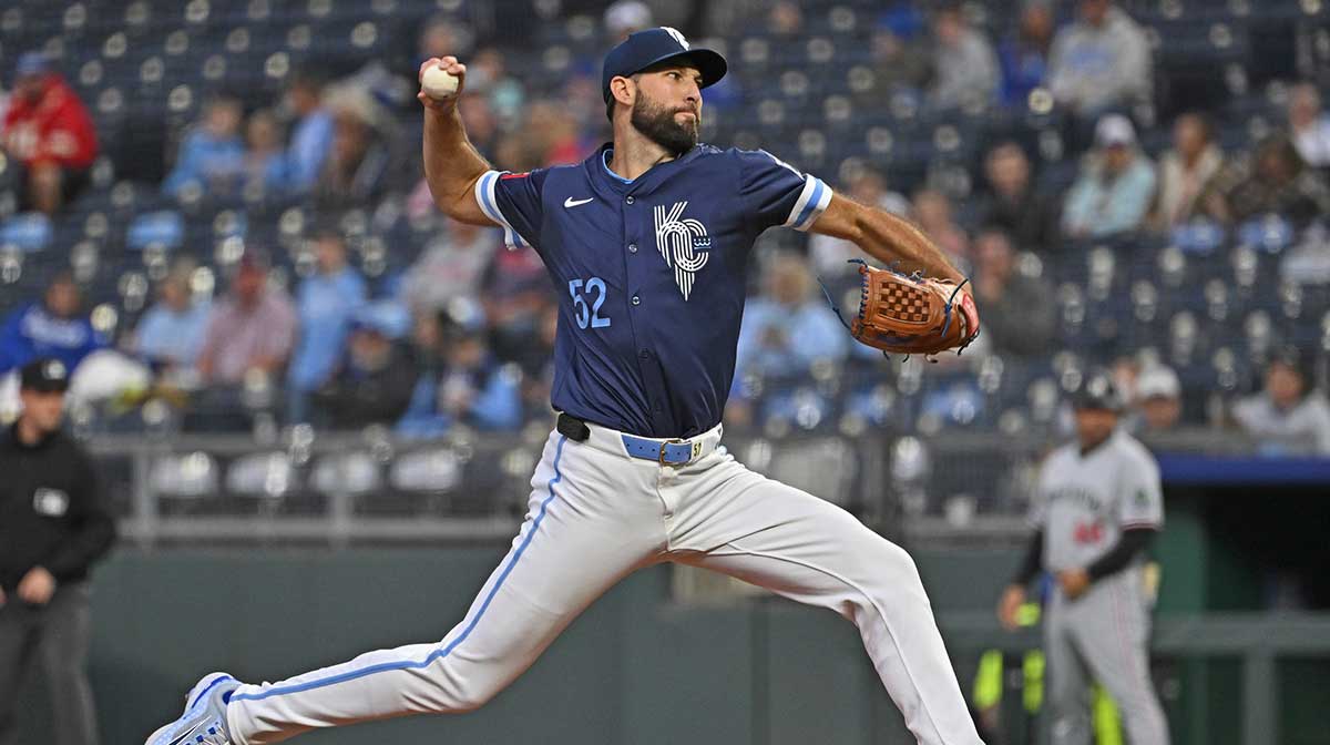 Kansas City Royals starting pitcher Michael Wacha (52) throws a pitch in the first inning against the Minnesota Twins at Kauffman Stadium.