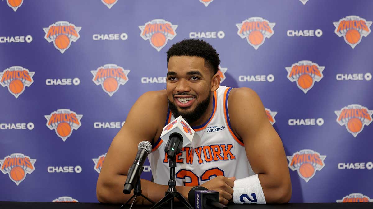 New York Knicks center Karl-Anthony Towns speaks to the media during a media day press conference at the Madison Square Garden training center.