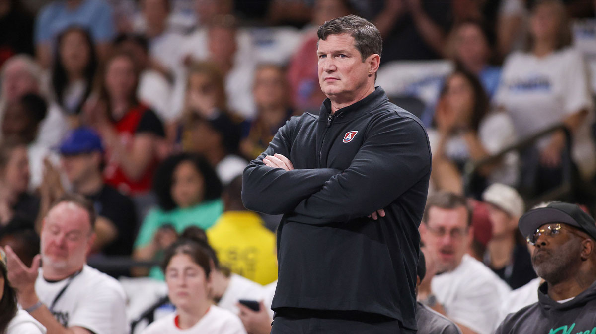 Atlanta Dream head coach Karl Smesko on the sideline against the Indiana Fever in the second quarter during game one of round one for the 2025 WNBA Playoffs at Gateway Center Arena at College Park.