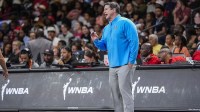 Atlanta Dream head coach Karl Smesko reacts to a call during the game against the Las Vegas Aces during the second half at Gateway Center Arena at College Park.