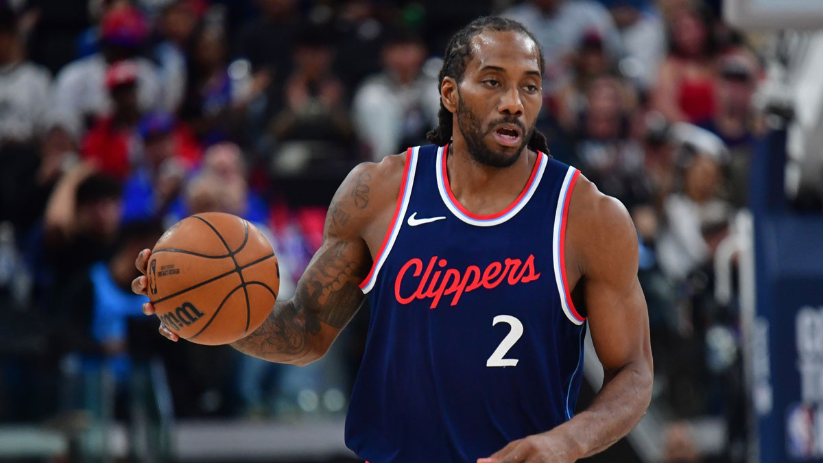Los Angeles Clippers forward Kawhi Leonard (2) moves the ball up court against the Denver Nuggets during the second half of game three in the first round for the 2024 NBA Playoffs at Intuit Dome.