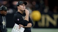 New Orleans Saints head coach Kellen Moore reacts during the first half against the San Francisco 49ers at Caesars Superdome.