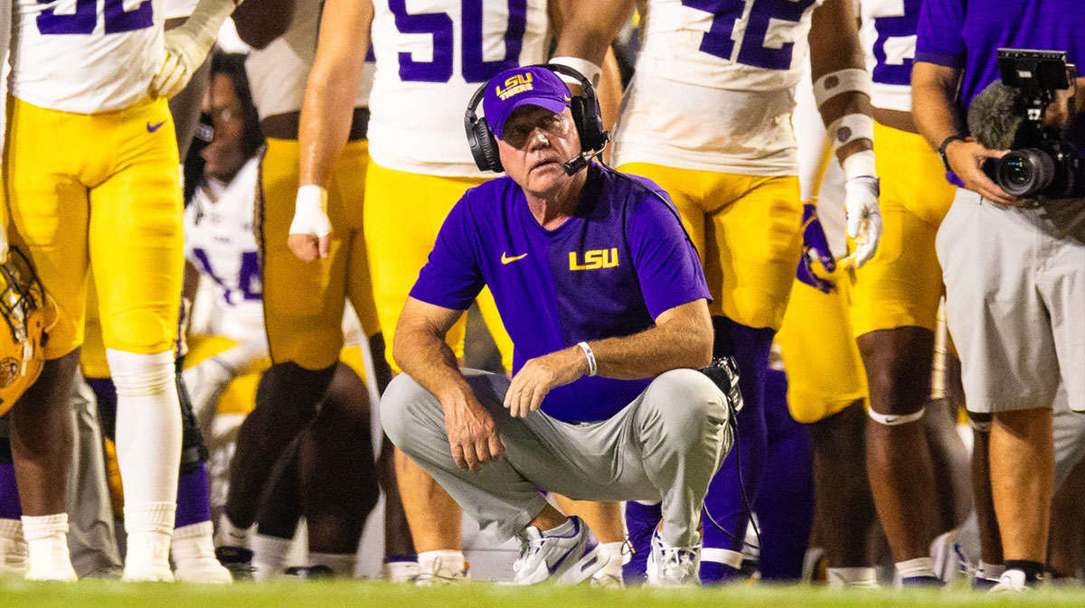 LSU Tigers head coach Brian Kelly looks on against Louisiana Tech Bulldogs during the second half at Tiger Stadium