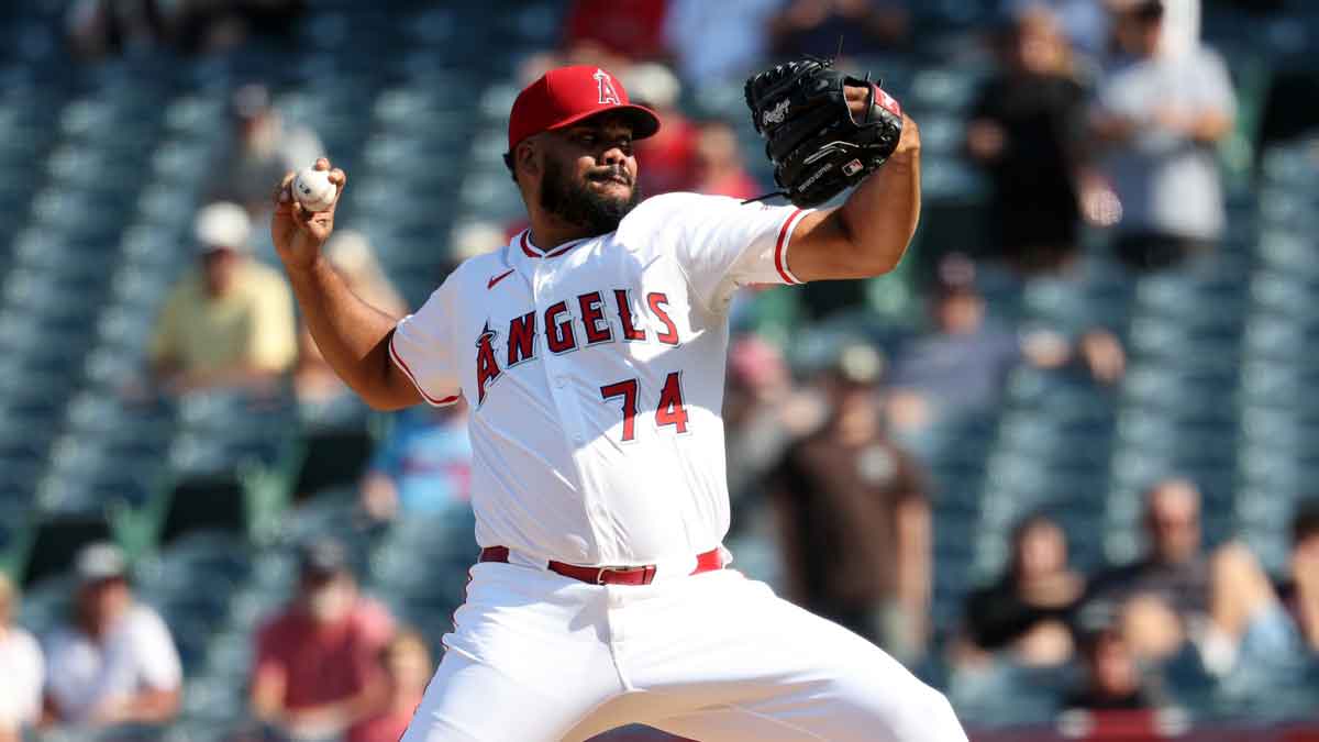 Los Angeles Angels relief pitcher Kenley Jansen (74) pitches during the ninth inning against the Minnesota Twins at Angel Stadium.