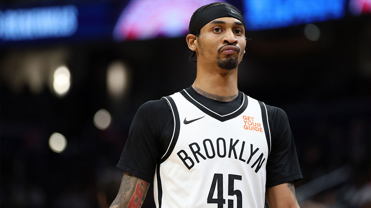 Brooklyn Nets guard Keon Johnson (45) looks on during the first half against the Washington Wizards at Capital One Arena.