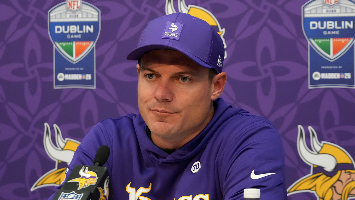 Minnesota Vikings coach Kevin O'Connell at a press conference after an NFL International Series game against the Pittsburgh Steelers at Croke Park. 