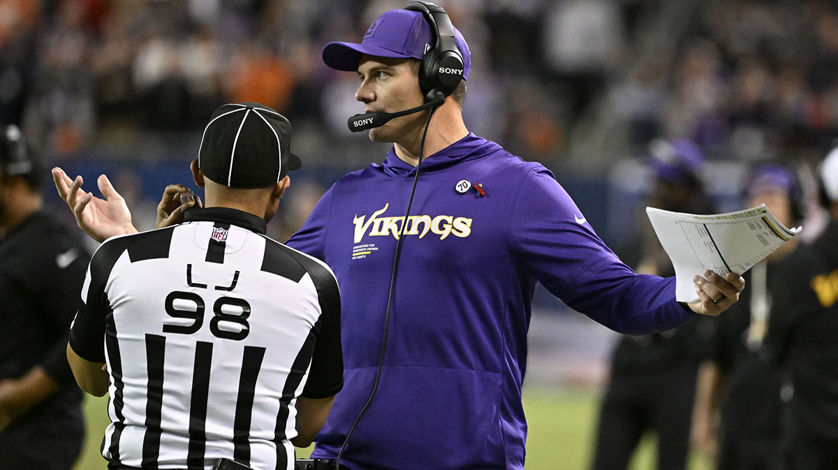 Minnesota Vikings head coach Kevin O'Connell reacts against the Chicago Bears during the second half at Soldier Field.
