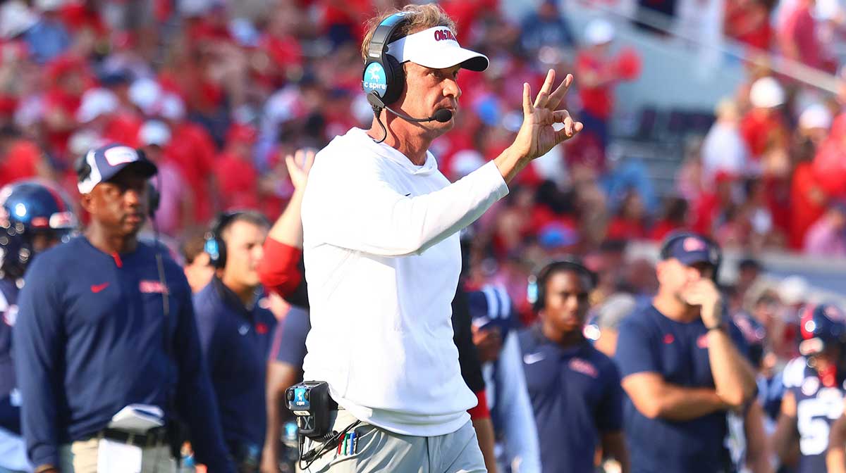 Mississippi Rebels head coach Lane Kiffin reacts during the fourth quarter against the Tulane Green Wave at Vaught-Hemingway Stadium.