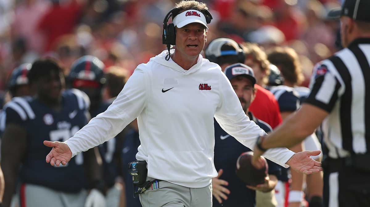 Mississippi Rebels head coach Lane Kiffin reacts toward an official during the third quarter against the Tulane Green Wave at Vaught-Hemingway Stadium.