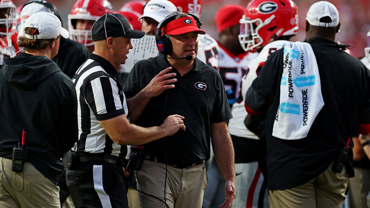 The Georgia Bulldogs head coach Kirby Smart looks on after the game against the Tennessee Volunteers at Neyland Stadium.