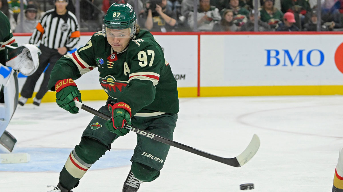 Minnesota Wild forward Kirill Kaprizov (97) makes a pass against The Vegas Golden Knights during the third period at Xcel Energy Center.