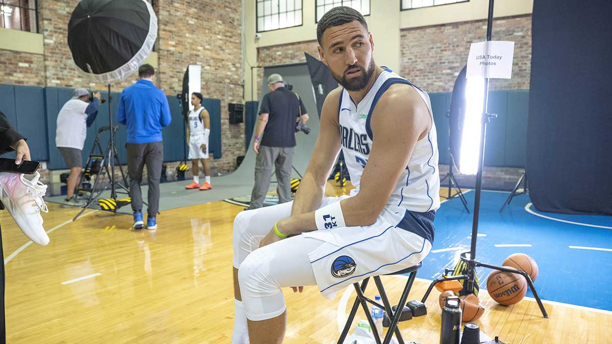 Dallas Mavericks star Klay Thompson, who is dating Megan Thee Stallion, at NBA Media Day.
