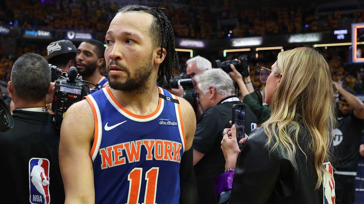 Knicks guard Jalen Brunson (11) reacts after game six of the eastern conference finals against the Indiana Pacers for the 2025 NBA Playoffs at Gainbridge Fieldhouse