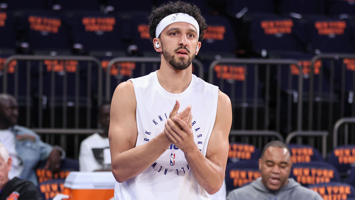 Knicks guard Landry Shamet (44) warms up prior to game three of the second round for the 2025 NBA Playoffs against the Boston Celtics at Madison Square Garden