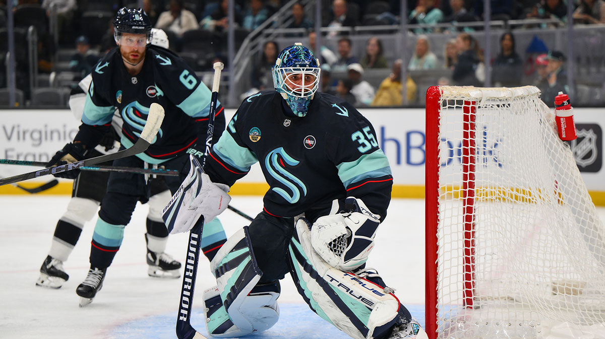 Seattle Kraken goaltender Joey Daccord (35) defends the goal against the Los Angeles Kings during the second period at Climate Pledge Arena.