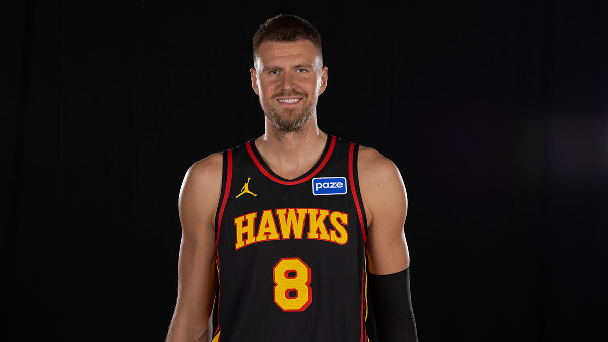 Atlanta Hawks center Kristaps Porzingis (8) poses for a photo during Media Day.