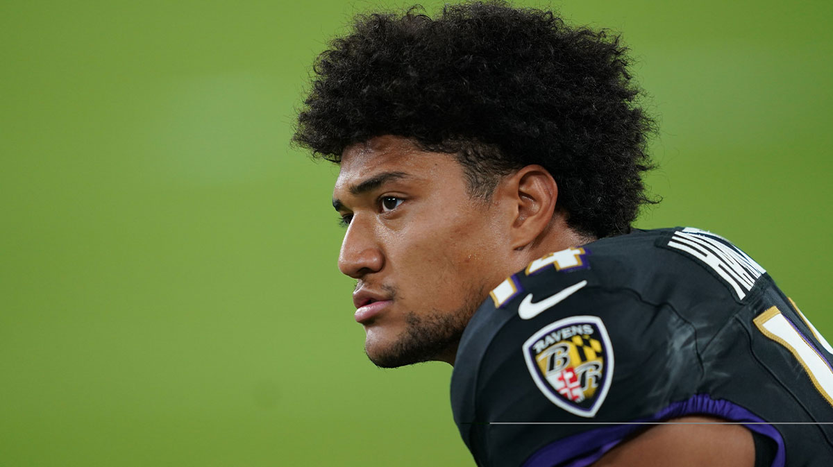 Sep 22, 2025; Baltimore, Maryland, USA; Baltimore Ravens safety Kyle Hamilton (14) practices before the game against the Detroit Lions at M&T Bank Stadium.