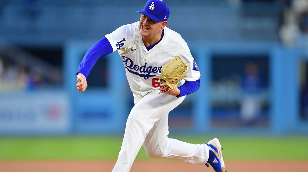 Los Angeles Dodgers pitcher Kyle Hurt (63) throws against the Washington Nationals during the first inning at Dodger Stadium.