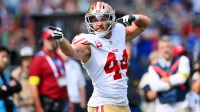 San Francisco 49ers fullback Kyle Juszczyk (44) reacts after a play during the first half against the Seattle Seahawks at Lumen Field.
