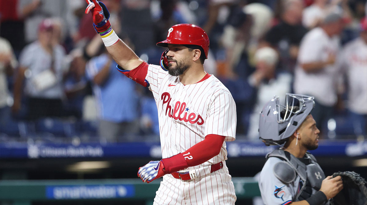 Philadelphia Phillies outfielder Kyle Schwarber (12) reacts after hitting a home run against the Miami Marlins during the third inning at Citizens Bank Park. 