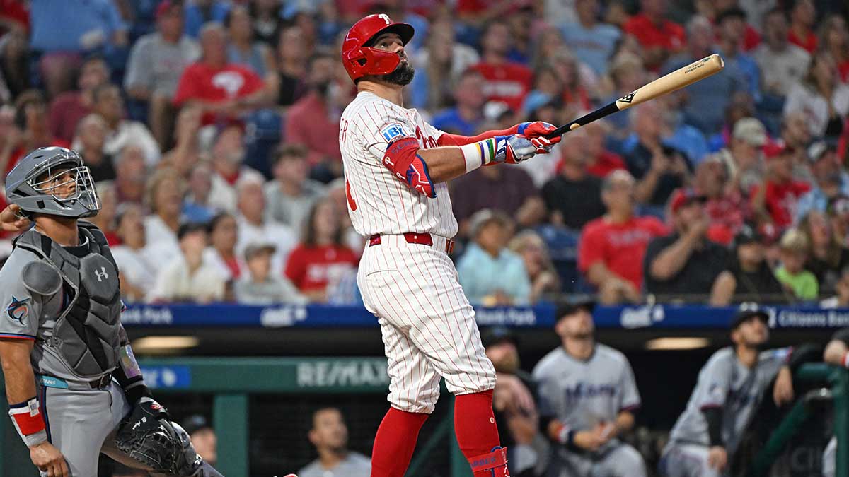 Philadelphia Phillies outfielder Kyle Schwarber (12) watches his home run during the first inning against the Miami Marlins at Citizens Bank Park.
