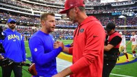 Los Angeles Rams head coach Sean McVay meets with San Francisco 49ers head coach Kyle Shanahan following the game at SoFi Stadium.
