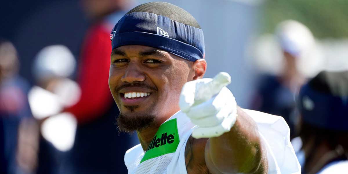 Wide receiver Kendrick Bourne works out on the opening day of New England Patriots training camp on July 23, 2025, at Gillette Stadium in Foxboro, Massachusetts.