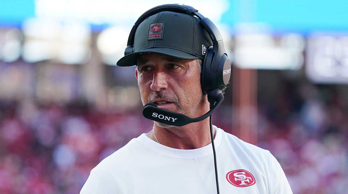 San Francisco 49ers head coach Kyle Shanahan watches from the sidelines in the first quarter against the Denver Broncos