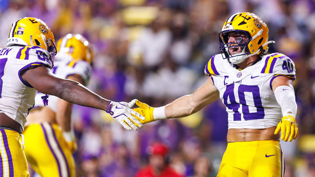 LSU Tigers linebacker Whit Weeks (40) reacts to a sack against Louisiana Tech Bulldogs quarterback Trey Kukuk (not pictured) during the second half at Tiger Stadium.