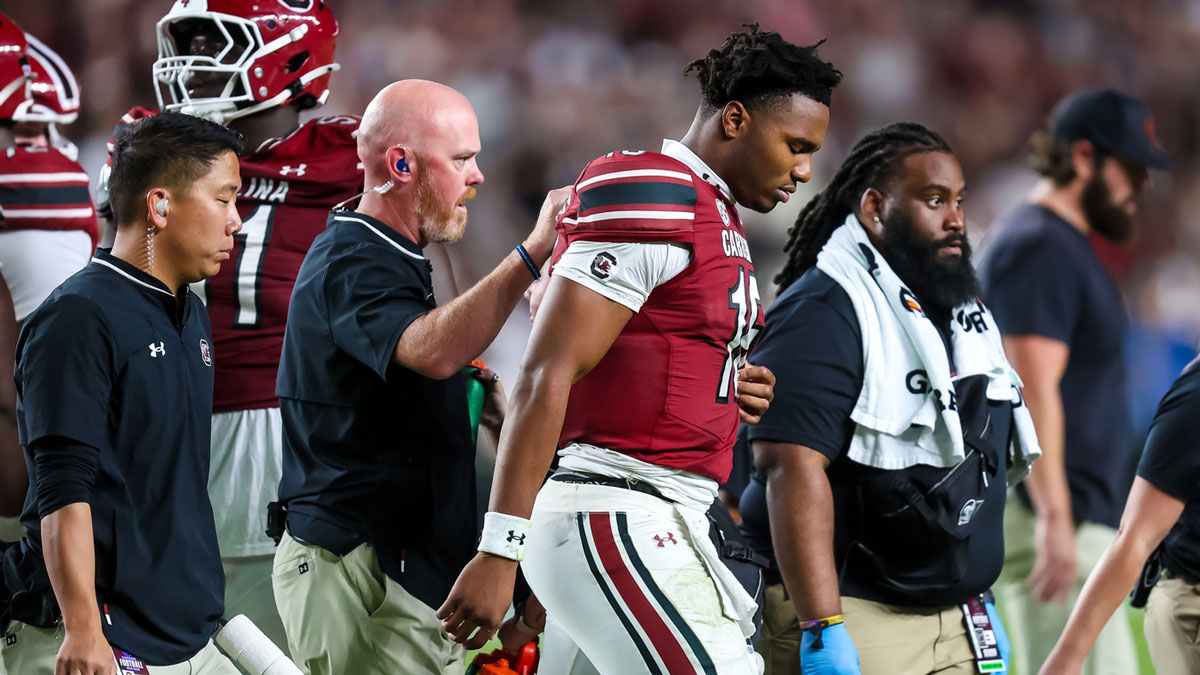 South Carolina Gamecocks quarterback LaNorris Sellers (16) walks off the field after being injured against the Vanderbilt Commodores in the second quarter at Williams-Brice Stadium.