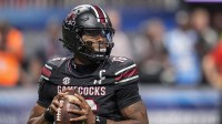 South Carolina Gamecocks quarterback LaNorris Sellers (16) drops back to pass against the Virginia Tech Hokies during the second half at Mercedes-Benz Stadium.