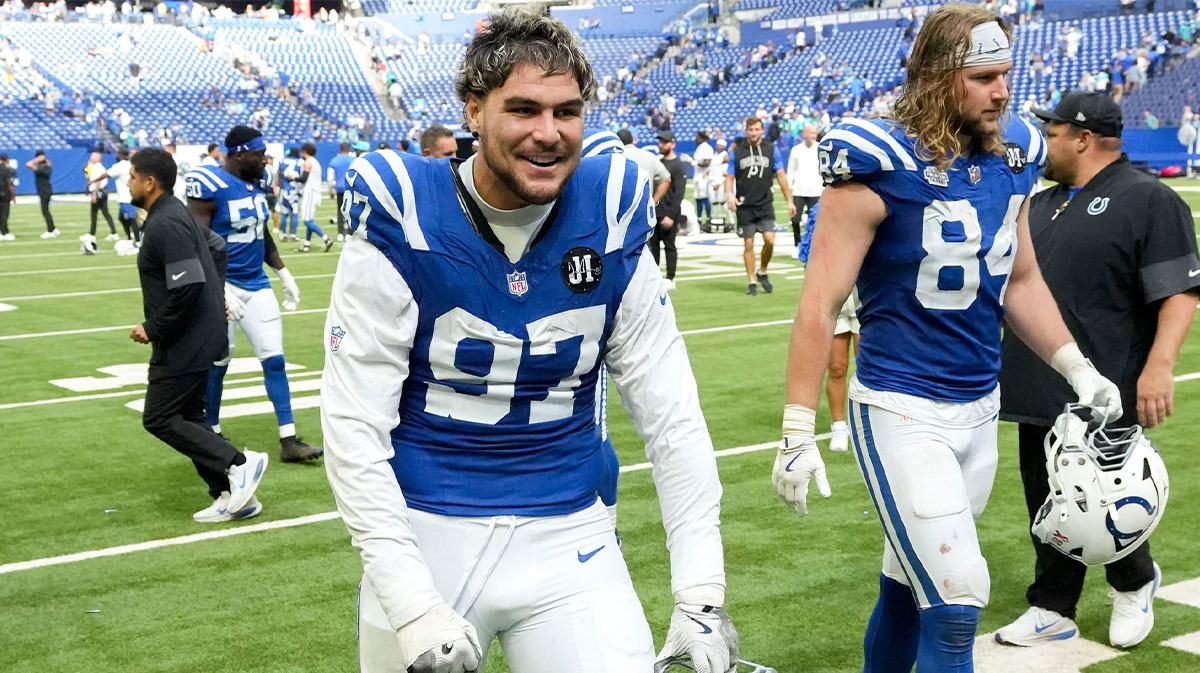 Indianapolis Colts defensive end Laiatu Latu (97) celebrates a win following a game against the Miami Dolphins on Sunday, Sept. 7, 2025, at Lucas Oil Stadium in Indianapolis. The Colts defeated the Dolphins 33-8.