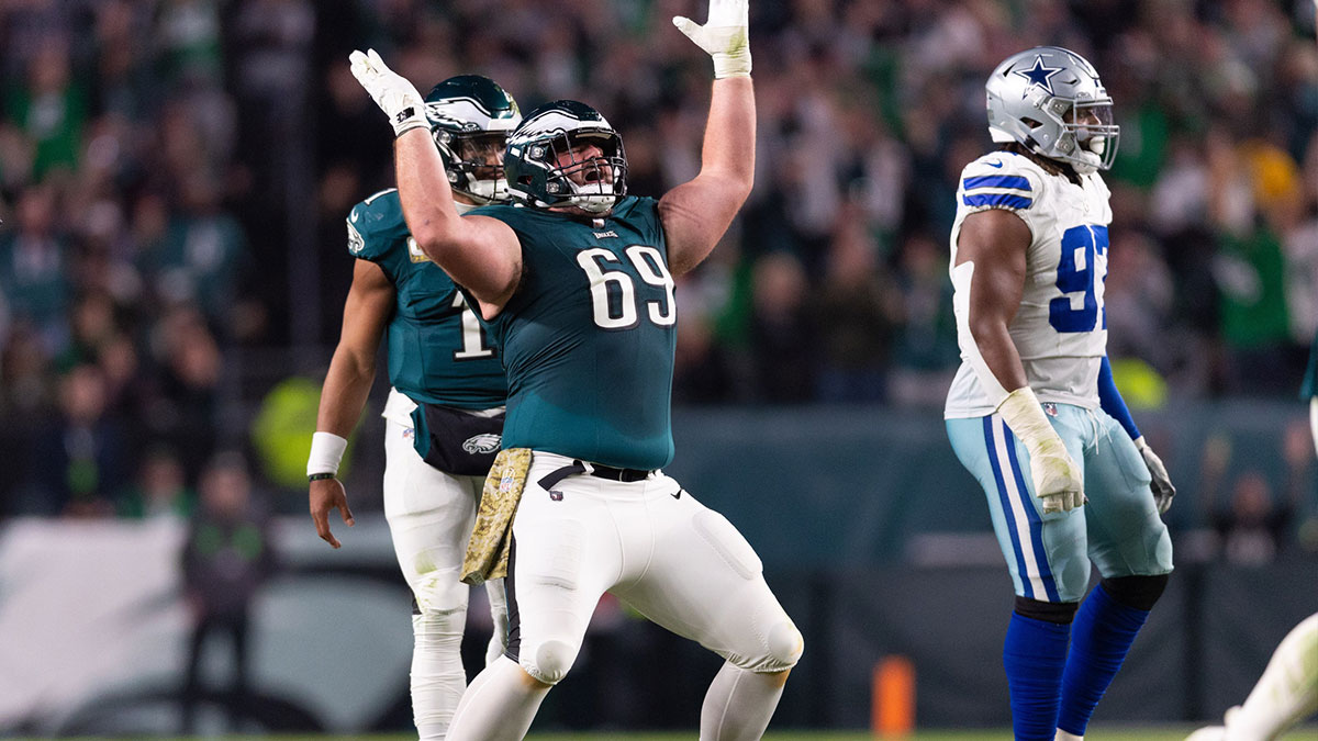 Philadelphia Eagles guard Landon Dickerson (69) reacts to a touchdown against the Dallas Cowboys during the third quarter at Lincoln Financial Field.