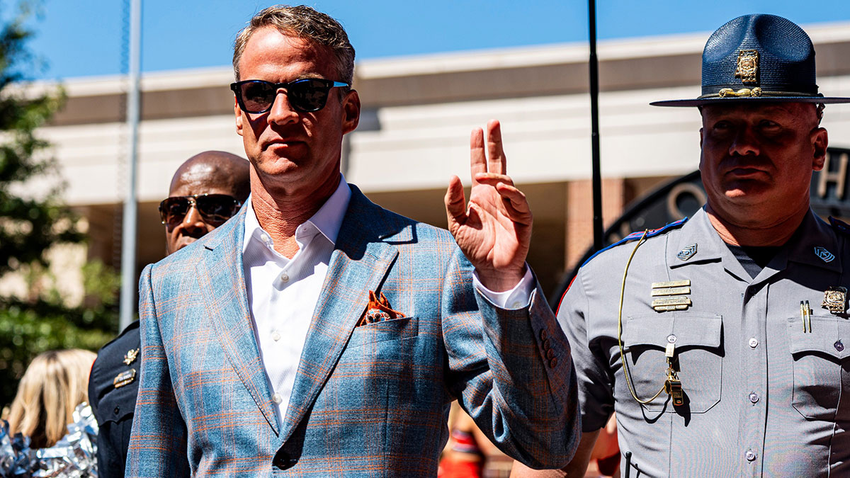 Ole Miss head coach Lane Kiffin participates in the Walk of Champions before a college football game between Ole Miss and LSU at Vaught-Hemingway Stadium in Oxford, Miss., on Saturday, Sept. 27, 2025.