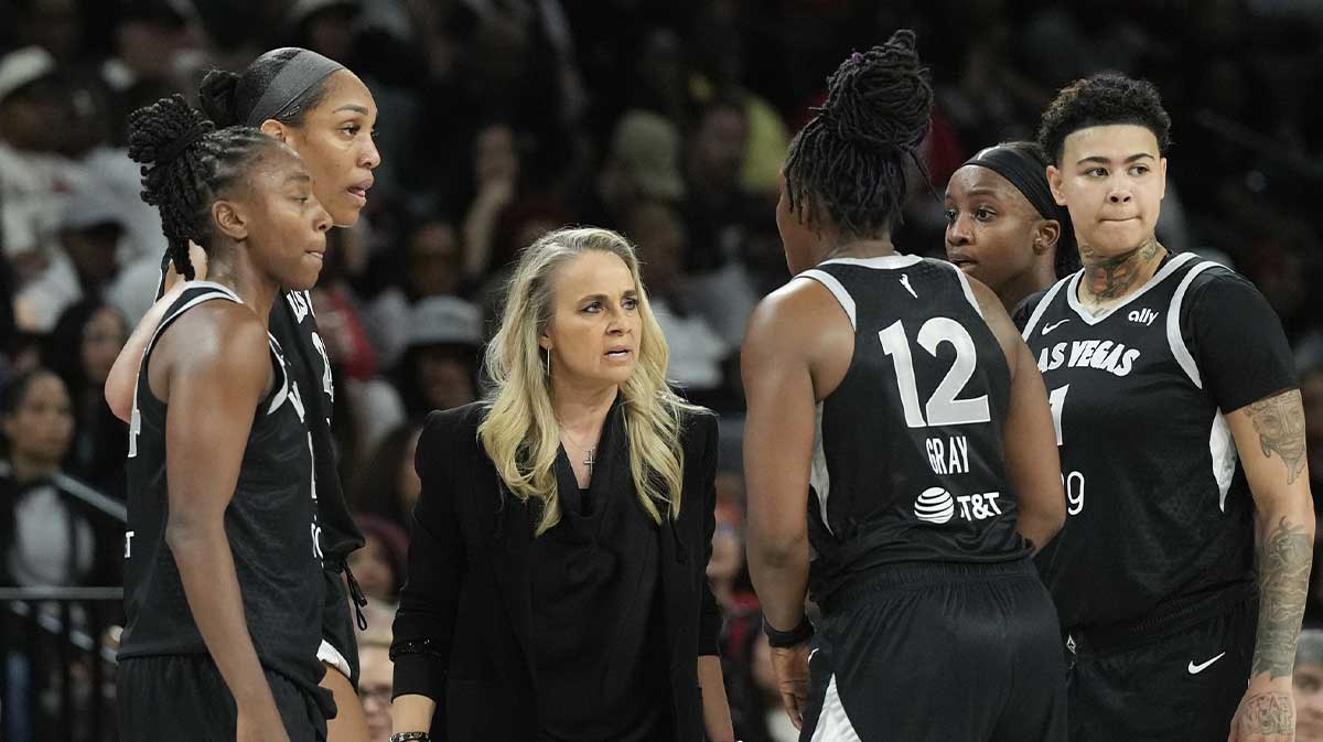 Las Vegas Aces head coach Becky Hammon speaks to her players during a break in play in the fourth quarter against the Seattle Storm during game three of round one for the 2025 WNBA Playoffs at Michelob Ultra Arena.