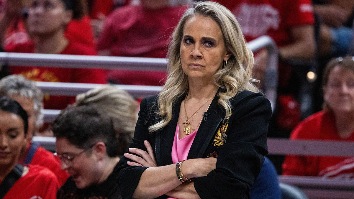 Las Vegas Aces head coach Becky Hammon in the second half during game four against the Indiana Fever of the second round for the 2025 WNBA Playoffs at Gainbridge Fieldhouse.