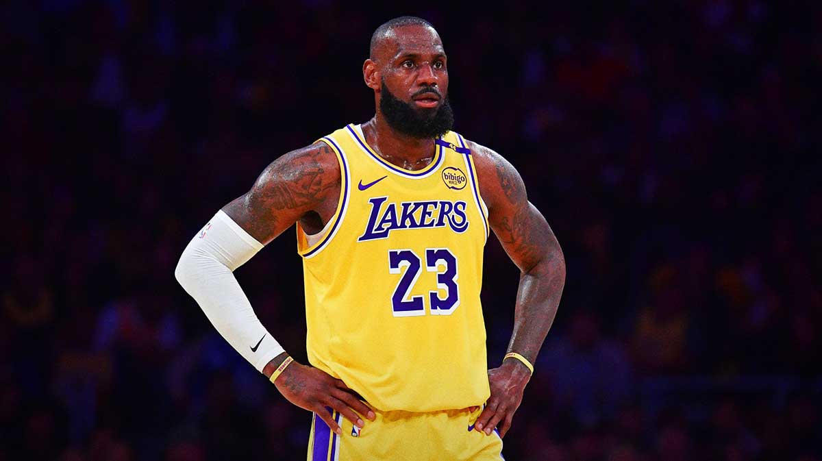 Los Angeles Lakers forward LeBron James (23) reacts during the first half in game five of first round for the 2025 NBA Playoffs at Crypto.com Arena.