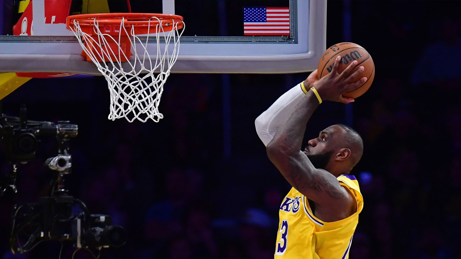 Los Angeles Lakers forward LeBron James (23) moves in for the dunk against the Minnesota Timberwolves during the second half in game five of first round for the 2025 NBA Playoffs at Crypto.com Arena. 