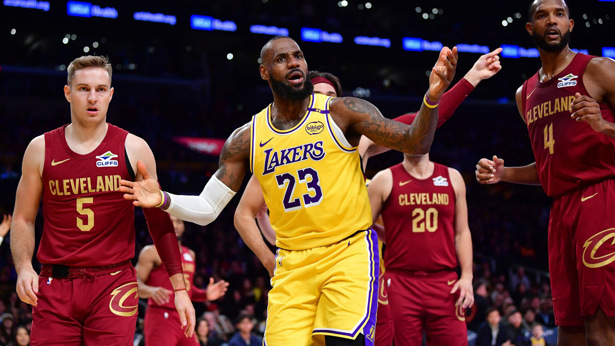 Los Angeles Lakers forward LeBron James (23) reacts during the first half at Crypto.com Arena.