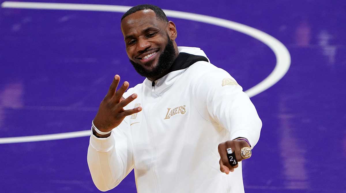Los Angeles Lakers forward LeBron James (23) poses with 2020 NBA Champion ring before a game against the Los Angeles Clippers at Staples Center.