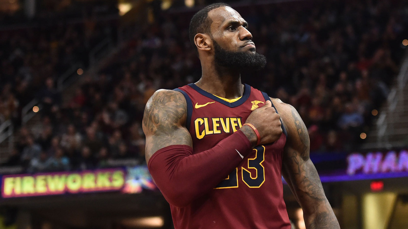 Cleveland Cavaliers forward LeBron James (23) reacts after a basket during the second half against the Detroit Pistons at Quicken Loans Arena.