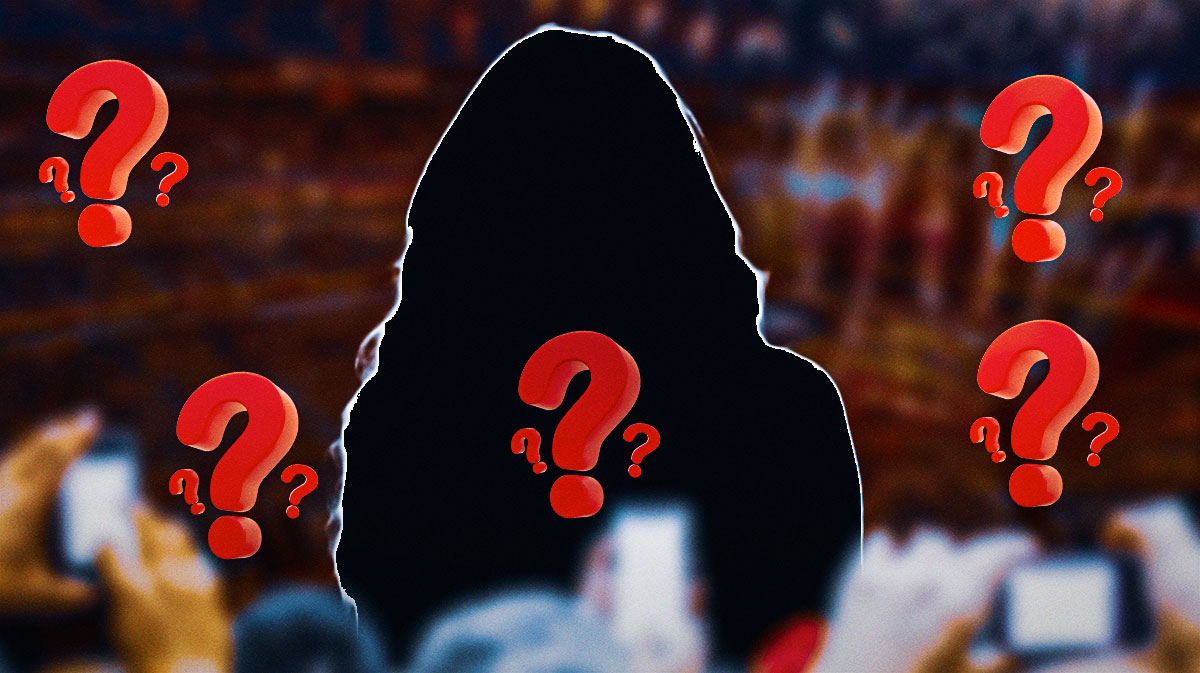 Silhouette of former WWE star Summer Rae, who teased her return, with question marks around her.