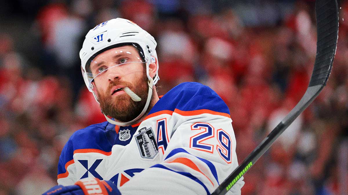 Edmonton Oilers center Leon Draisaitl (29) reacts during the second period in game six of the 2025 Stanley Cup Final against the Florida Panthers at Amerant Bank Arena.