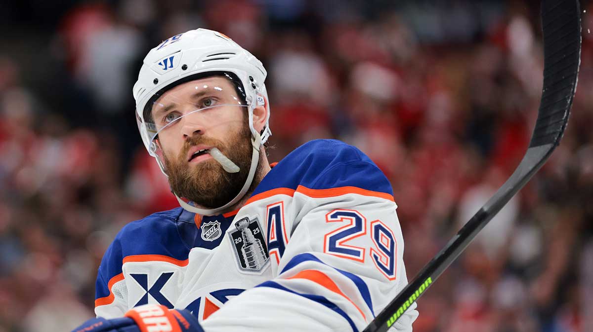 Edmonton Oilers center Leon Draisaitl (29) reacts during the second period in game six of the 2025 Stanley Cup Final against the Florida Panthers at Amerant Bank Arena.
