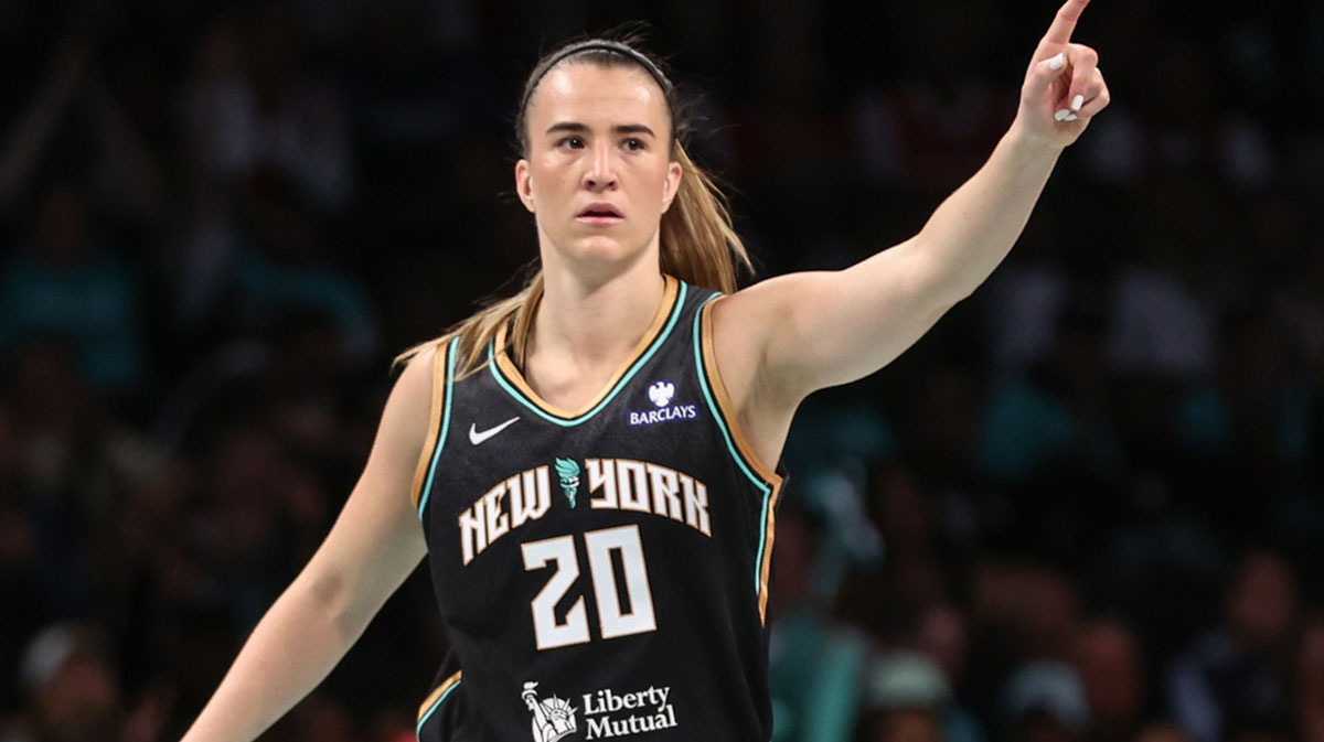 New York Liberty guard Sabrina Ionescu (20) gestures after an assist in the third quarter against the Washington Mystics at Barclays Center.