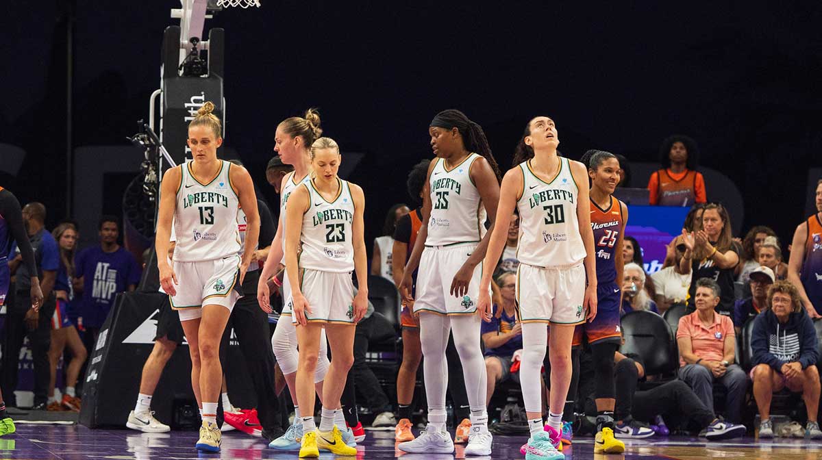 A general view as players from the New York Liberty react late in the second half during a game against the Phoenix Mercury at Footprint Center.