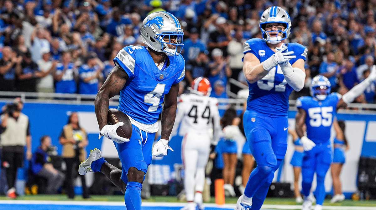 Detroit Lions cornerback D.J. Reed (4) celebrates an interception against Cleveland Browns during the first half at Ford Field