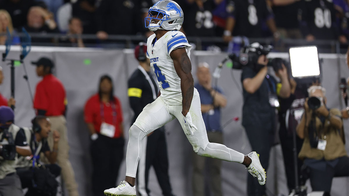 Sep 22, 2025; Baltimore, Maryland, USA; Detroit Lions cornerback DJ. Reed (4) reacts after causing a fumble against the Baltimore Ravens during the second half at M&T Bank Stadium. Mandatory Credit: Peter Casey-Imagn Images
