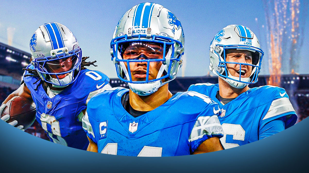 Amon-Ra St. Brown in the middle, Jared Goff, Jahmyr Gibbs around him, Fireworks in the background